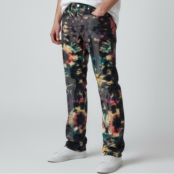 MNML Multi Color Tie-Die Skelton Rhinestone Button Fly Denim Jeans